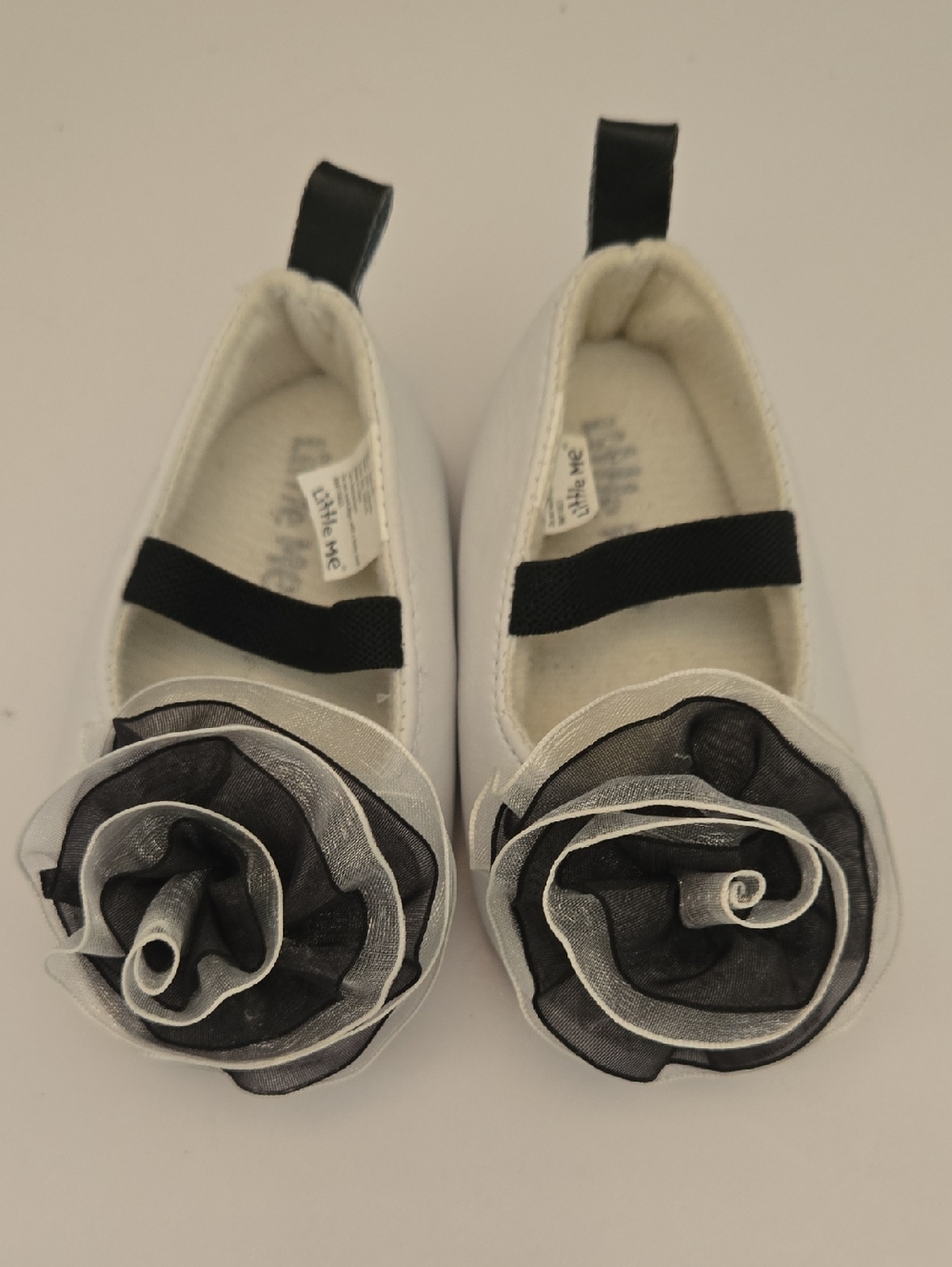 Little Me White and Black Floral Accent Girls Dress Flats